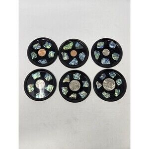 VINTAGE DRINK COASTER SET OF 6 NEW ZEALAND PAUA SHELL & COINS MONEY COLLECTIBLE